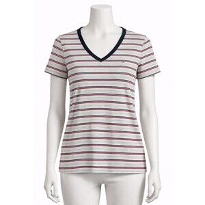 Tommy Hilfiger Striped V Neck T-Shirt Women L Cotton Short Sleeve Casual